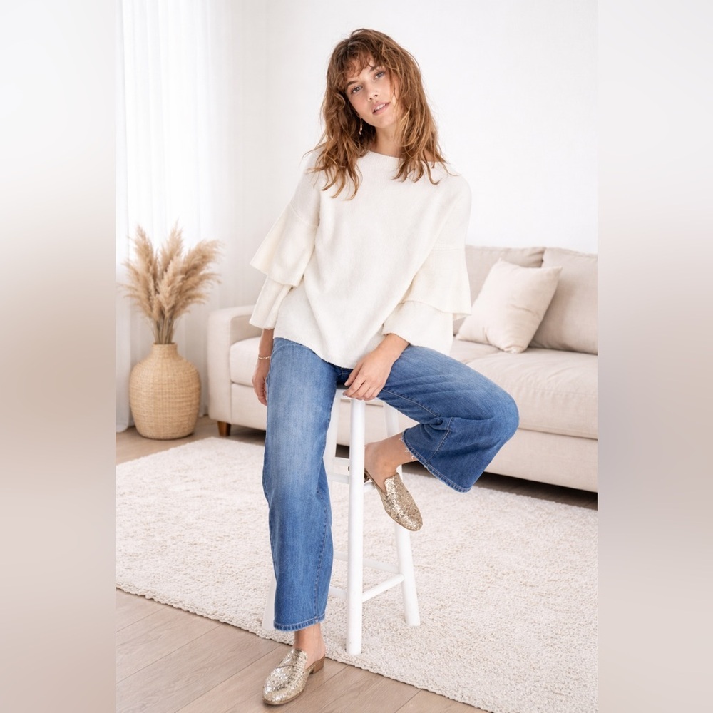 Madewell Ivory White Cream Tier-Sleeve Pullover Sweater in Coziest Yarn Small